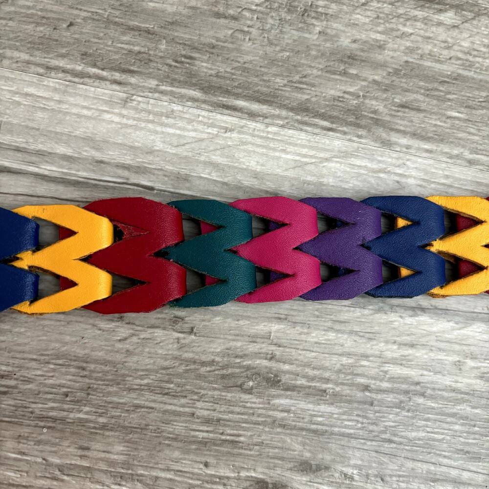 Vintage Rainbow Leather Belt 34" Multicolor Retro Woven 1980s 1990s Unisex M - Picture 7 of 8